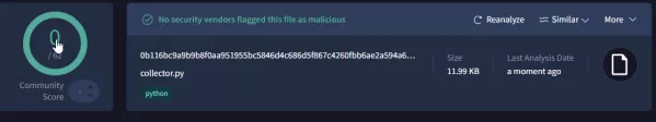 VirusTotal showing 0 out of 62 detections for collector.py