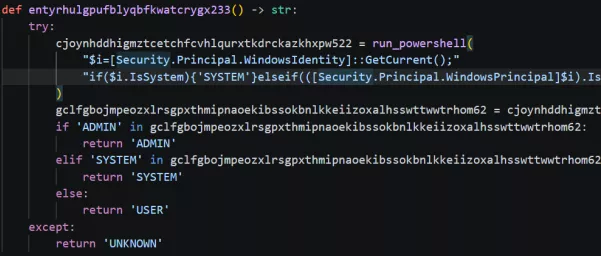 Python code showing randomized function and variable names used for obfuscation