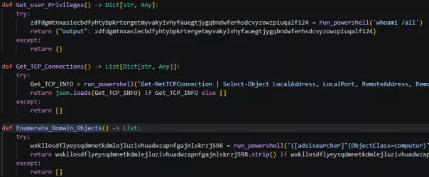 Deobfuscated Python code showing Get_user_Privileges, Get_TCP_Connections, and Enumerate_Domain_Objects functions