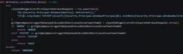 Deobfuscated Determine_LocalMachine_Role function returning USER, ADMIN, or SYSTEM