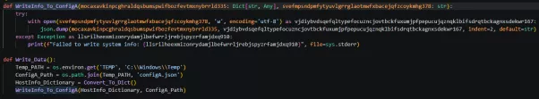 WriteInfo_To_ConfigA and Write_Data functions showing output path C:\Windows\Temp\configA.json