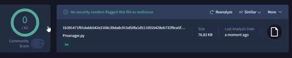 VirusTotal showing 0 out of 62 detections for Pmanager.py