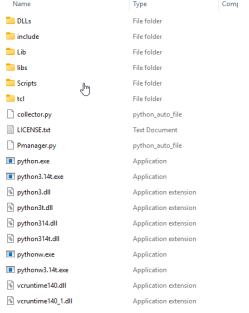 Contents of the Python folder showing collector.py, Pmanager.py, and pythonw.exe