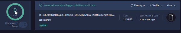 VirusTotal showing 0 out of 62 detections for collector.py