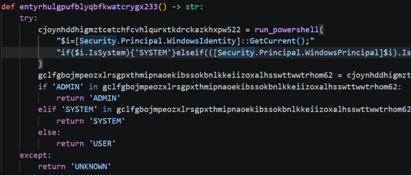 Python code showing randomized function and variable names used for obfuscation