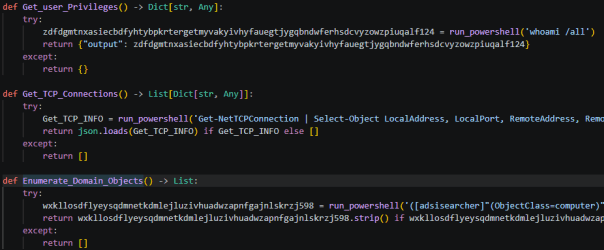 Deobfuscated Python code showing Get_user_Privileges, Get_TCP_Connections, and Enumerate_Domain_Objects functions