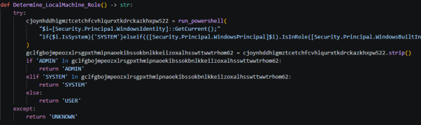 Deobfuscated Determine_LocalMachine_Role function returning USER, ADMIN, or SYSTEM