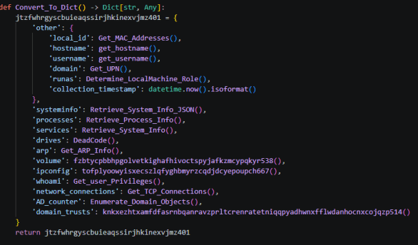 Convert_To_Dict function showing all enumerated host data fields written to configA.json