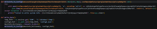 WriteInfo_To_ConfigA and Write_Data functions showing output path C:\Windows\Temp\configA.json
