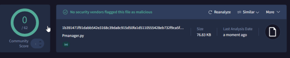 VirusTotal showing 0 out of 62 detections for Pmanager.py