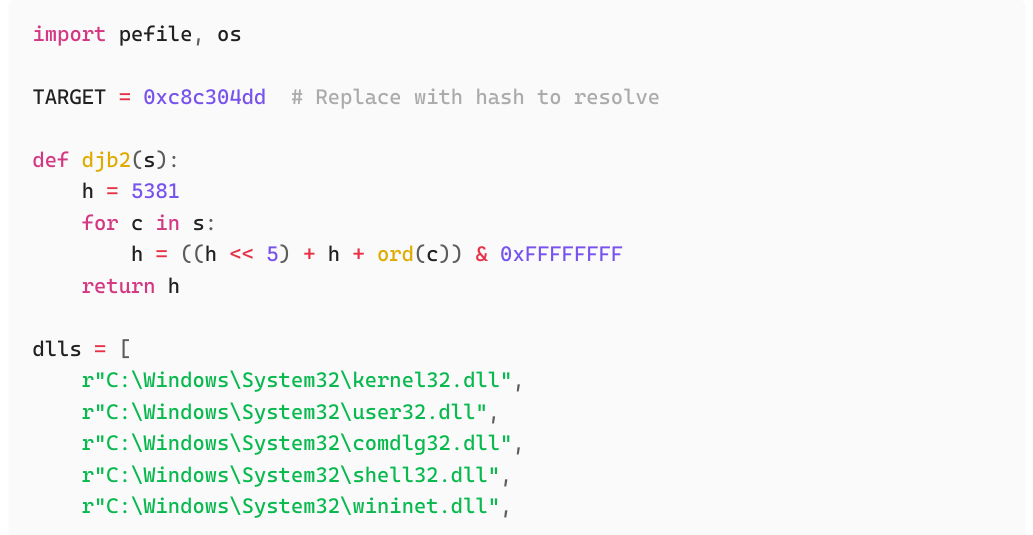 djb2 hash resolver script using pefile to reverse hashes against common Windows DLLs